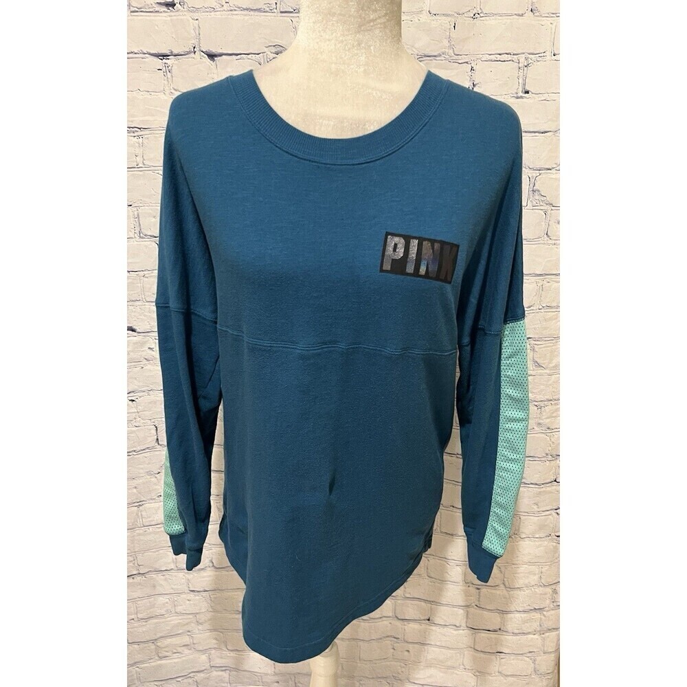PINK Women's Blue Lightweight Mesh Long Sleeve Crewneck Sweatshirt - Size Small